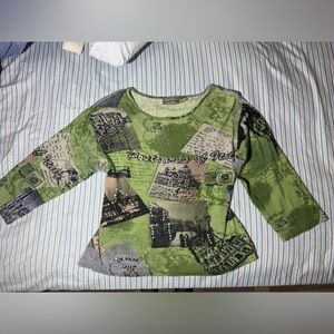 Jane Ashley Green and Gray Graphic Long Sleeve Tee